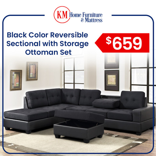 3 PCS THICK FABRIC & BONDED LEATHER  BLACK KATY SECTIONAL WITH DROP DOWN CUP & OTTOMAN