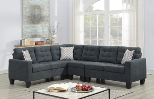 MAJESTIC GRAY LINEN BOTTOM TUFTED REVERSIBLE SECTIONAL WITH ACCENT PILLOWS