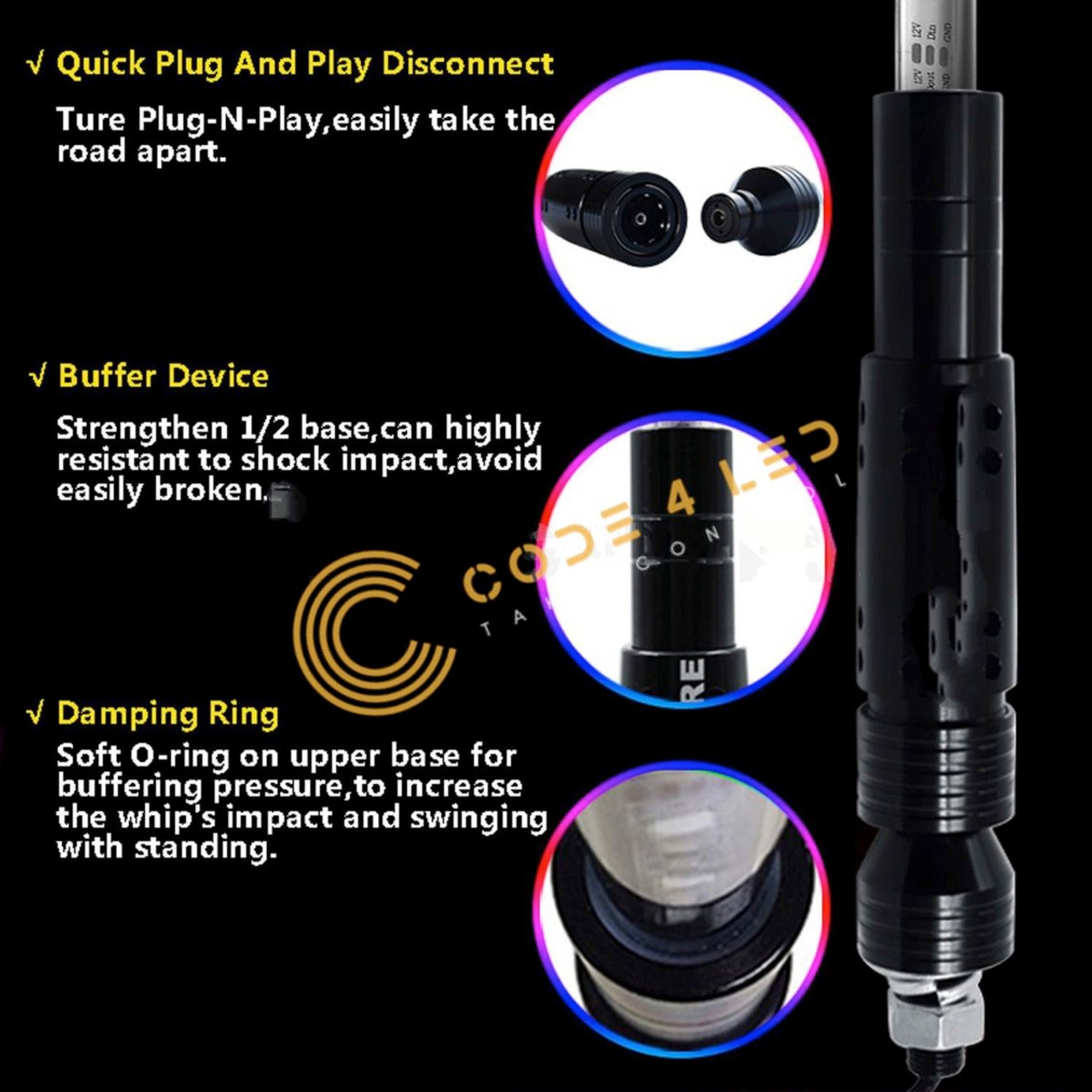 Code 4 LED Supply 5FT Bluetooth RGB Whip for ATV, UTV