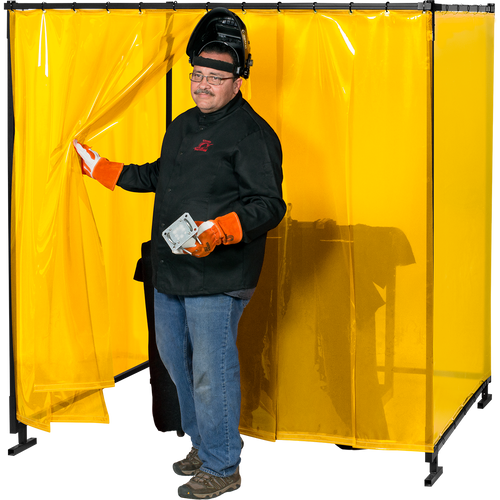 Steiner Protect-O-Screen HD Welding Cell, 14 mil ArcView Flame Retardant Yellow Tinted Transparent Vinyl Weld Cell With 14 mil ArcView Flame Retardant Yellow Tinted Transparent Strip Vinyl Front Walk Thru Curtain, 6'H X 8'W X 8'D