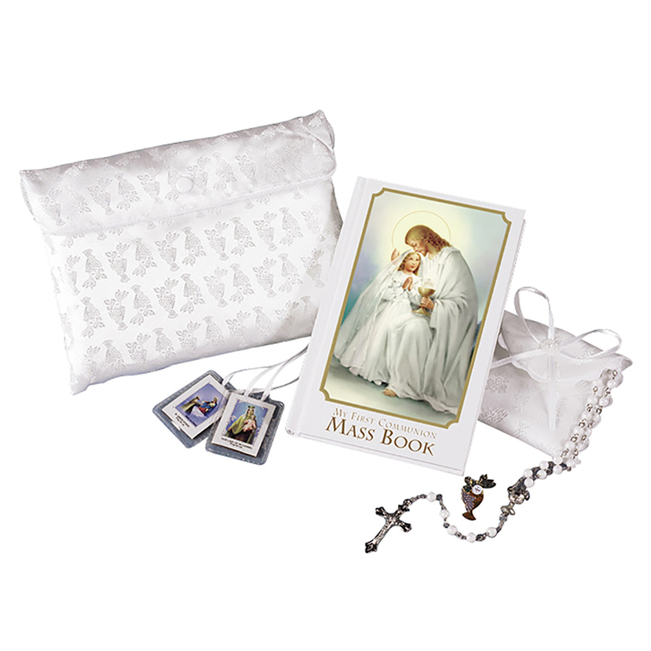 Light of Christ First Communion Satin Purse Set for Girls, Includes Mass  Prayer Book, Rosary and Pouch, Scapular, and Lapel Pin, Gifts and Keepsakes  for Young Women, Communicant Starter Pack, 6 Pieces :