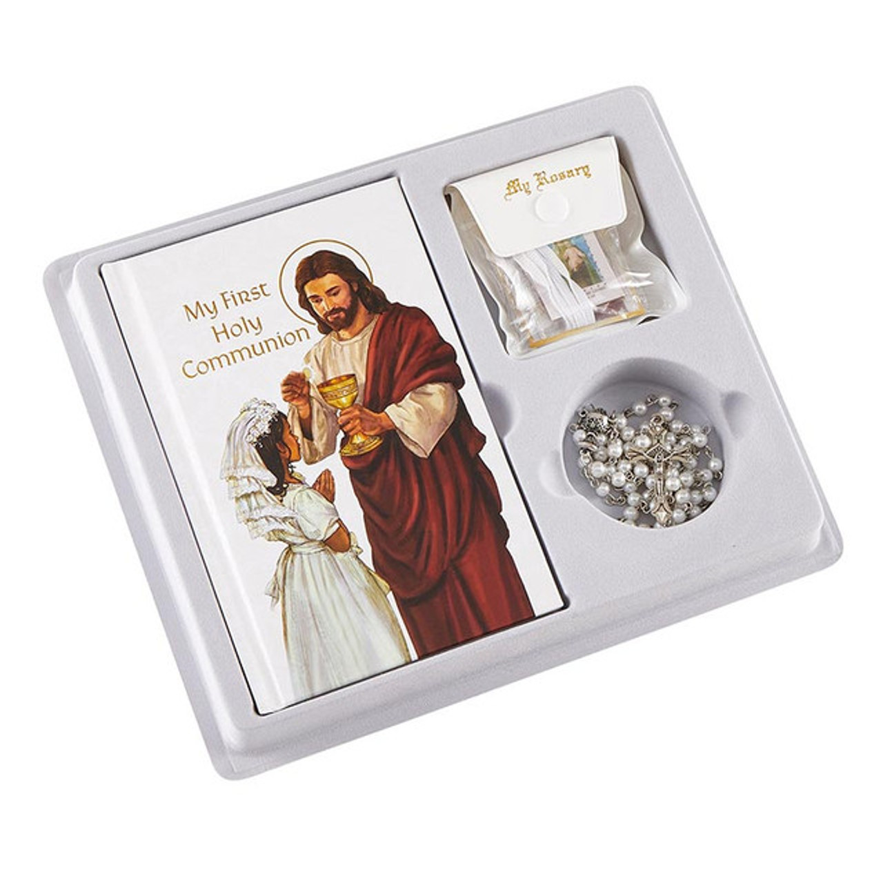 Baptism and Communion Girl on White Gown with Rosary & Purse – C T B