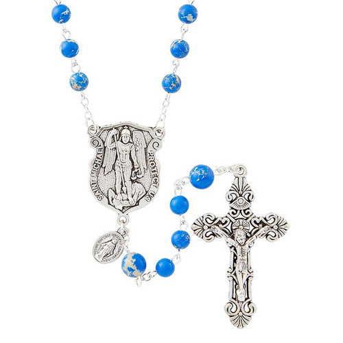 Blue Stone Bead Spiritual Warrior Rosary with Sword Crucifix