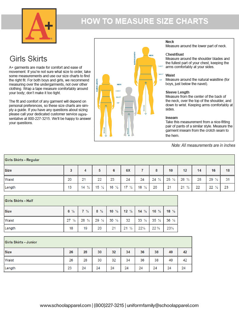 Girls Skirt Size Chart