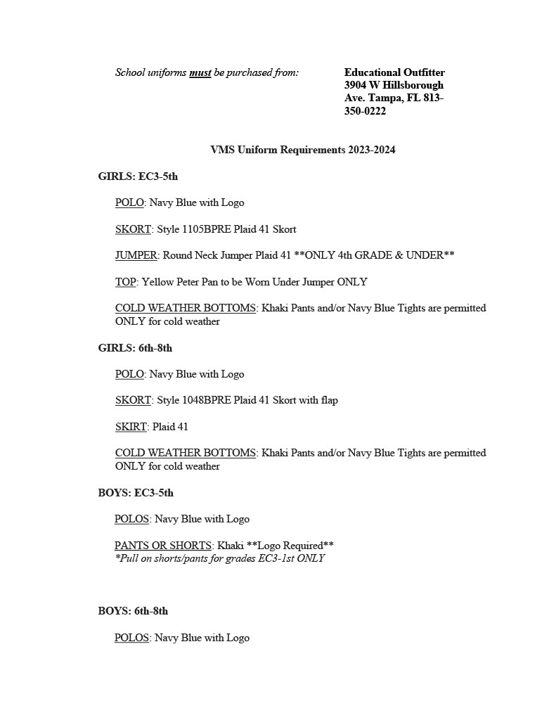 Villa Madonna Uniform Requirements for Boys and Girls 20232024