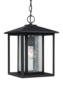 Hunnington contemporary 1-light outdoor exterior pendant in black finish with clear seeded glass pan (38|62027-12)