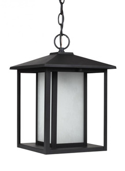 Hunnington contemporary 1-light LED outdoor exterior pendant in black finish with etched seeded glas (38|69029EN3-12)