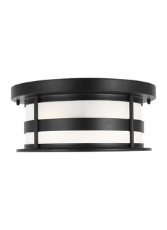 Wilburn modern 2-light outdoor exterior ceiling flush mount in black finish with satin etched glass (38|7890902-12)