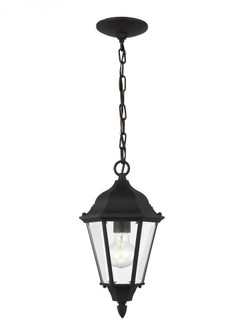 Bakersville traditional 1-light outdoor exterior pendant in black finish with satin etched glass pan (38|60941-12)