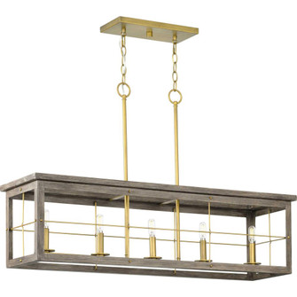 Hedgerow Collection Five-Light Distressed Brass and Aged Oak Farmhouse Style Linear Island Chandelie (149|P400254-175)