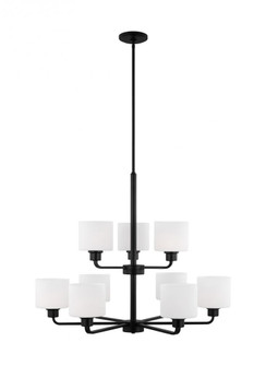 Canfield indoor dimmable LED 9-light chandelier in midnight black finish and etched white glass shad (38|3128809EN3-112)