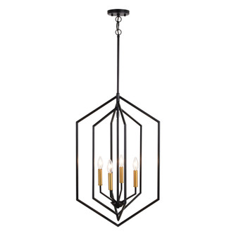 Riley 4 Light Black and Satin Brass Contemporary Geometric Cage Pendant Light (51|P0388)