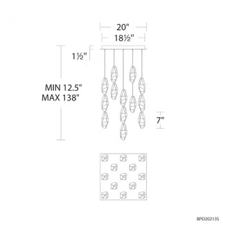 Martini 13 Light 120-277V Multi-Light Pendant (Square Canopy) in Aged Brass with Optic Haze Quartz (1118061|BPD20213SOH-AB)