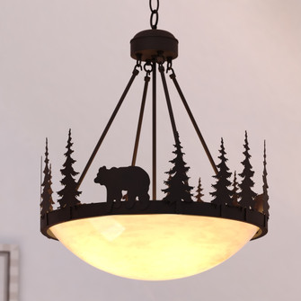 VAXCEL Bozeman 4-Light 24 in. Wide Burnished Bronze Rustic Bear Bowl Pendant with Amber Flake Glass  (51|PD55724BBZ)
