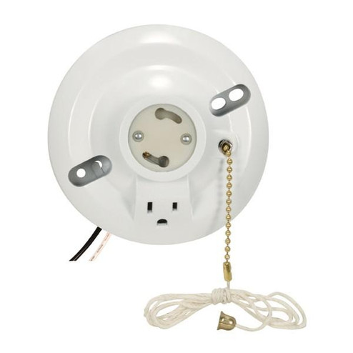 White Phenolic GU24 On-Off Pull Chain Ceiling Receptacle With Grounded Outlet; 6'' AWM B/W Leads (27|90/2484)