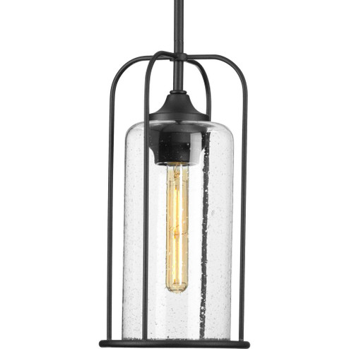 Watch Hill Collection One-Light Textured Black and Clear Seeded Glass Farmhouse Style Outdoor Hangin (149|P550292-031)