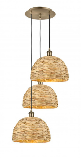 Woven Rattan - 3 Light - 19 inch - Antique Brass - Cord hung - Multi Pendant (3442|113B-3P-AB-RBD-12-NAT)