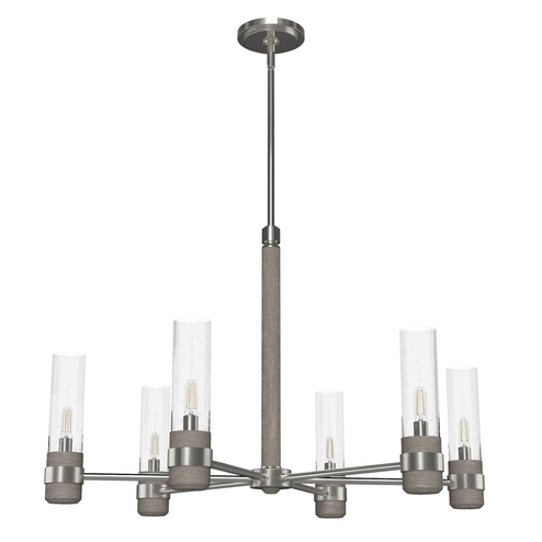 Hunter River Mill Brushed Nickel and Gray Wood with Seeded Glass 6 Light Chandelier Ceiling Light Fi (4797|19477)