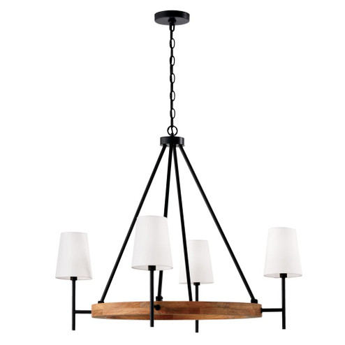 4-Light Chandelier in Matte Black and Mango Wood with Removable White Fabric Shades (42|450841WK-709)