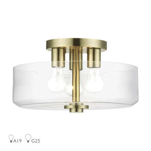 3 Light Antique Brass Large Semi-Flush with Mouth Blown Clear Glass (108|46123-01)