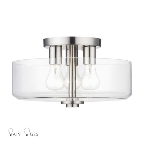 3 Light Brushed Nickel Large Semi-Flush with Mouth Blown Clear Glass (108|46123-91)