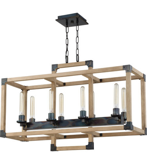 Cubic 8 Light Linear Chandelier in Fired Steel with Natural Wood (20|41528-FSNW)
