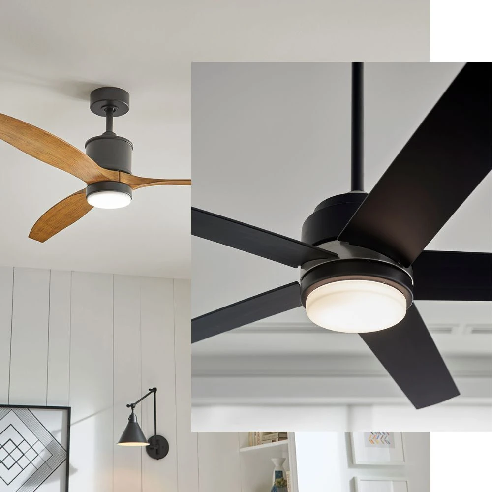 A side-by-side comparison of two modern ceiling fans with integrated lights: one with three light-wood blades and a dark bronze motor, and another with five matte black blades and a matching motor.