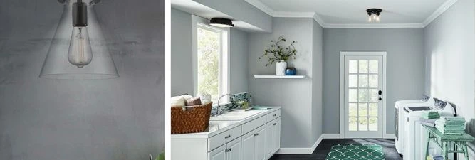 A composite image showing a dark bronze flush mount light fixture with a clear, cone-shaped glass shade and a vintage-style Edison bulb.