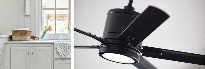 A close-up of a modern, matte black ceiling fan with a round, integrated LED light at its center.