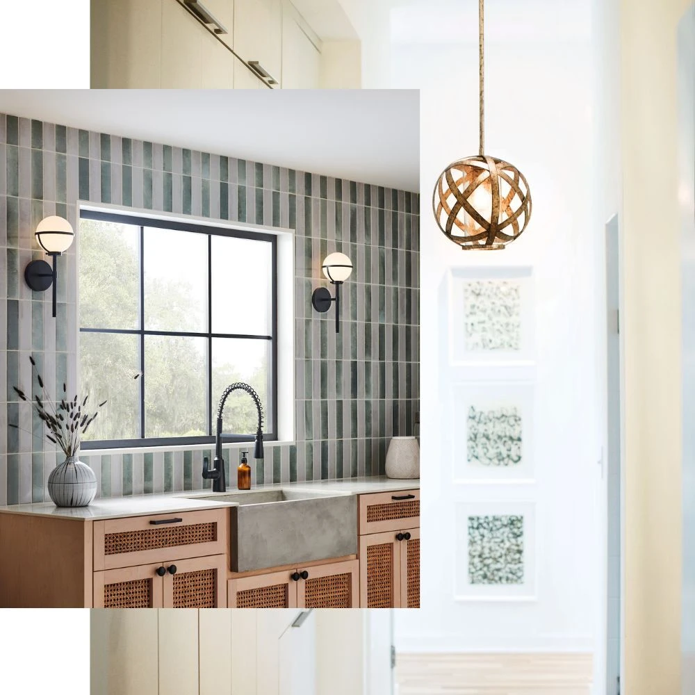 A composite image showing two lighting styles: two modern wall sconces with white globes flanking a window, and a single woven metal orb pendant light.
