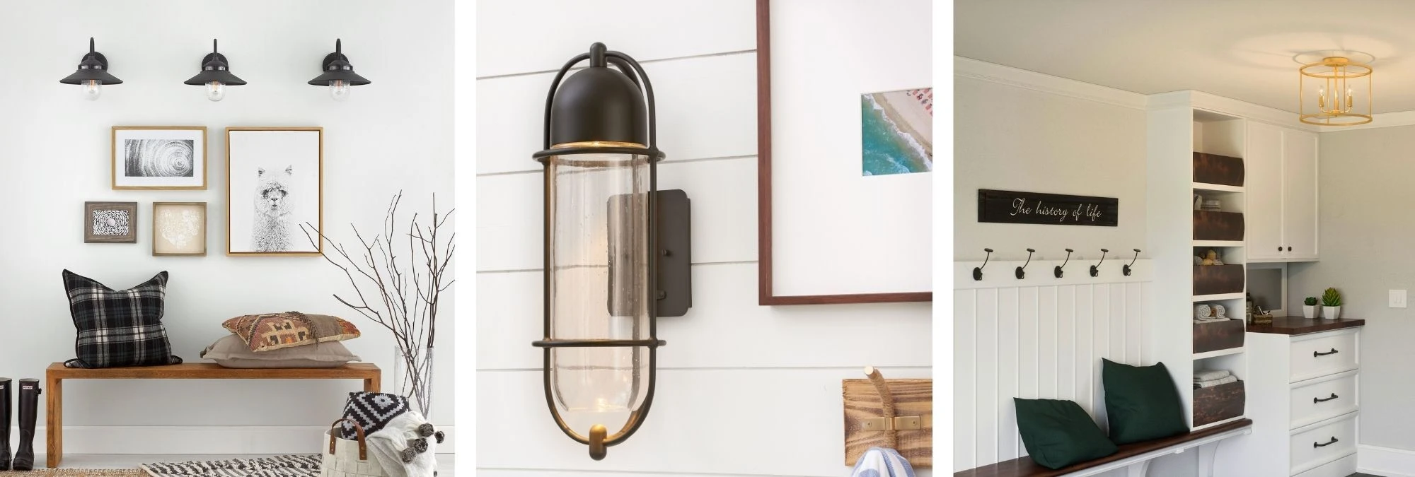 A collage of three different light fixtures: three black metal sconces over a bench, a single dark-colored vertical outdoor sconce with a glass cover, and a gold-toned caged flush mount ceiling light.