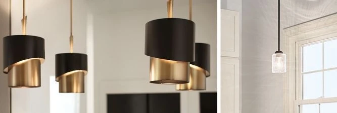 A composite image featuring two styles of mini pendant lights: one with a two-toned, layered black and brass cylindrical shade, and another with a simple clear, textured glass shade.