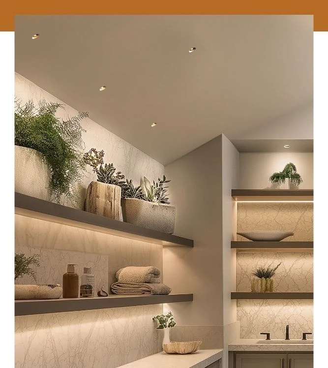 A series of small, recessed ceiling lights and under-shelf LED strip lighting illuminating shelves in a utility room.