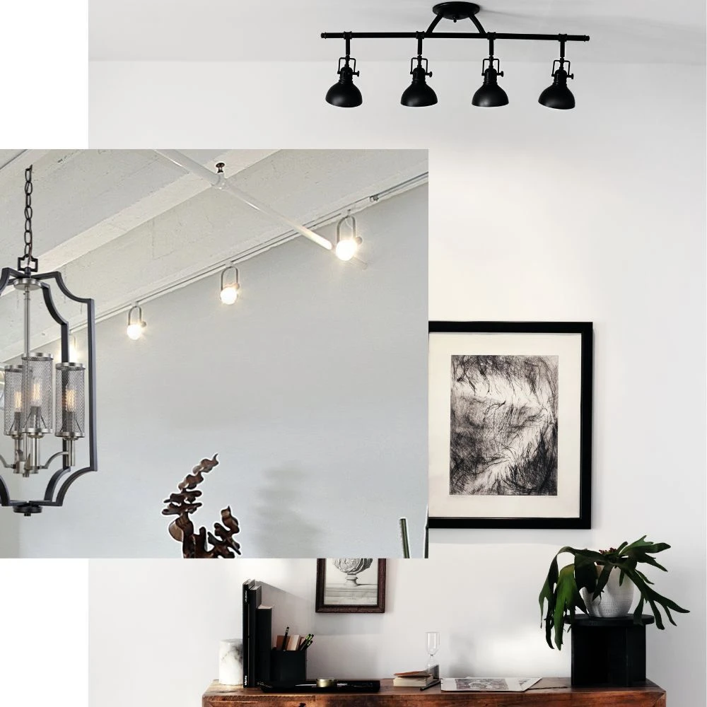 A collage of adjustable lighting, featuring a four-light track fixture with black shades and a flexible track light system with small white spotlights.