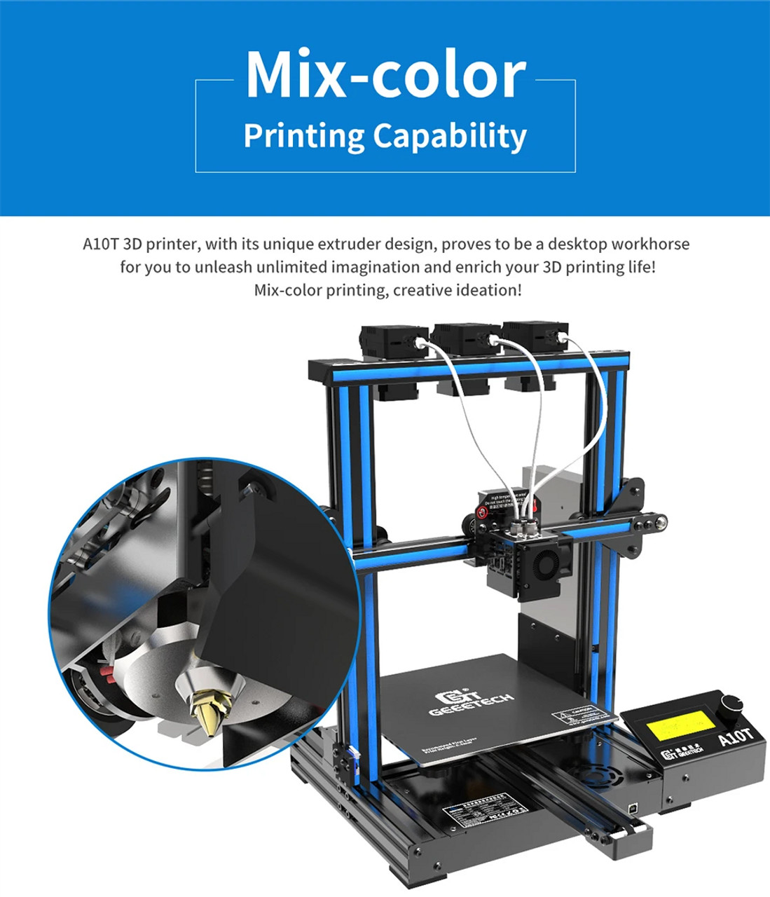 Geeetech A10T Three- Colors Printing 3D Printer, 95% Pre-assembled, Build  Volume 220X220X260mm