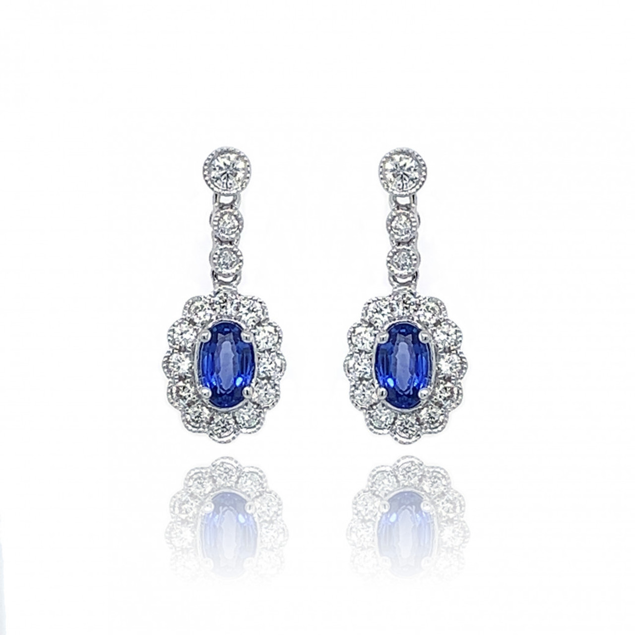 9ct White Gold Diamond Oval Scallop Sapphire Stud Earrings
