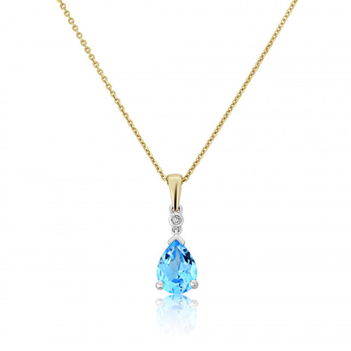 9ct Yellow & White Gold Diamond Blue Topaz Pendant Necklace