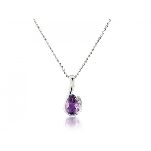 9ct White Gold Amethyst & Diamond Curl Pendant Necklace