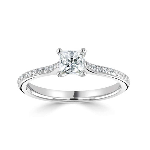 Elle - Princess Solitaire Engagement ring with round Diamond set shoulders Elle - Princess Solitaire Engagement ring with round Diamond set shoulders