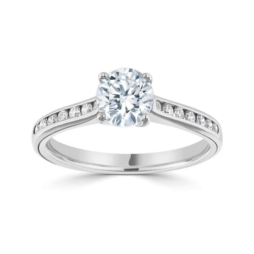 June - 4 claw round Solitaire Engagement ring with channel set Diamond shoulders June - 4 claw round Solitaire Engagement ring with channel set Diamond shoulders
