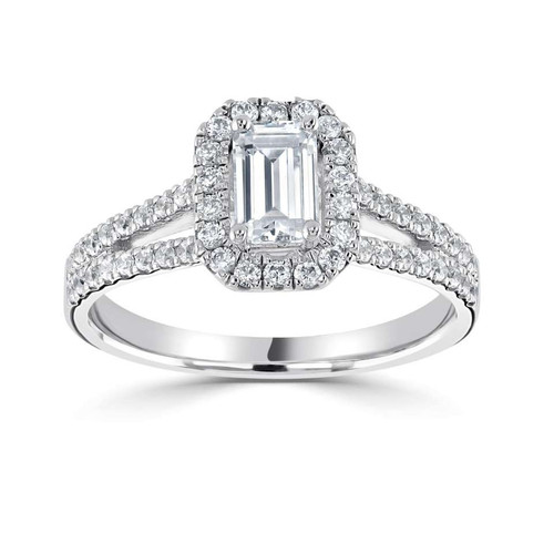 Rhea - Emerald halo Engagement ring with Diamond set split shoulders Rhea - Emerald halo Engagement ring with Diamond set split shoulders