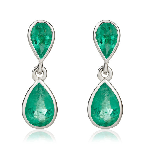 9ct White Gold Pear Shaped Emerald Double Stone Drop Earrings