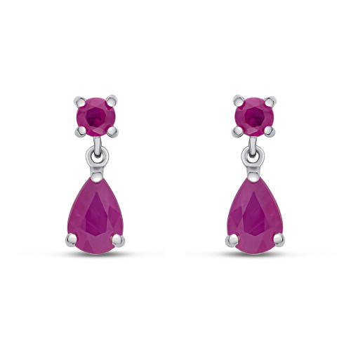 9ct White Gold Round & Pear Shaped Ruby Two Stone Drop Earrings