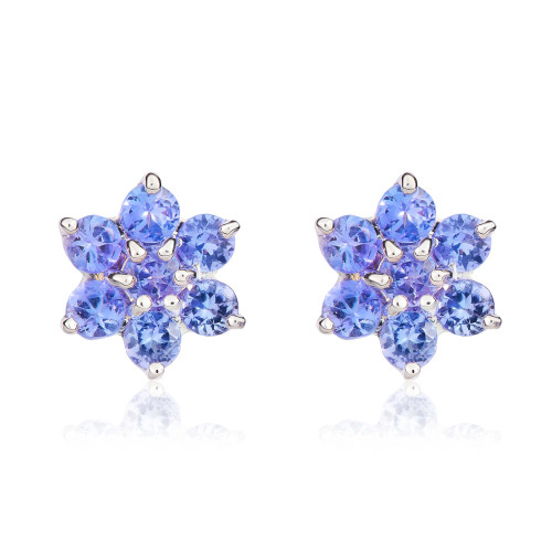 9ct White Gold Round Tanzanite 7 Stone Flower Cluster Stud Earrings 9ct White Gold Round Tanzanite 7 Stone Flower Cluster Stud Earrings