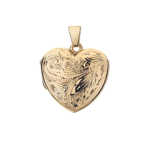 9ct Yellow Gold Engraved 19mm Heart shaped Locket & Chain
