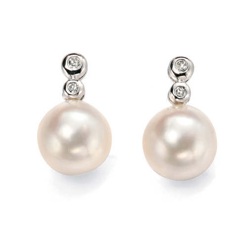 9ct White Gold round Pearl & Diamond Drop Earrings