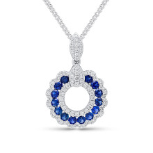 18ct White Gold Round Sapphire & Diamond Scalloped Edge Circle Pendant & Chain