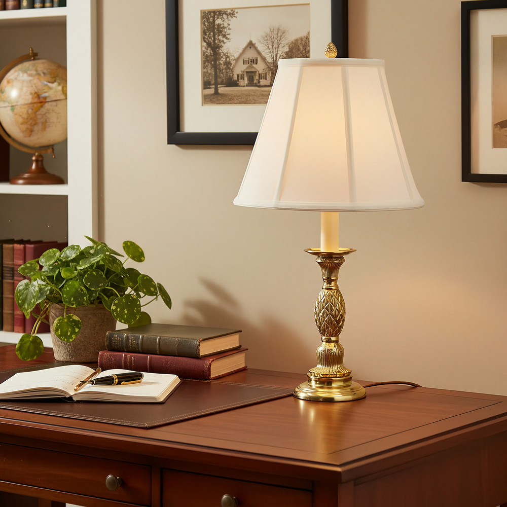 Brass Pineapple Candlestick Lamp with White Shade | The Shops at Colonial Williamsburg