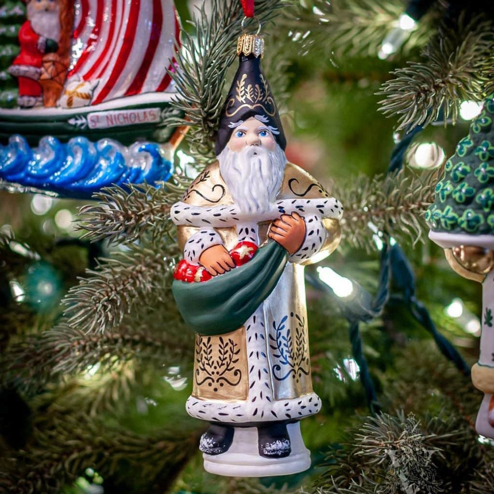 Vaillancourt Jingle Ball Ornament - Golden Colonial Santa with