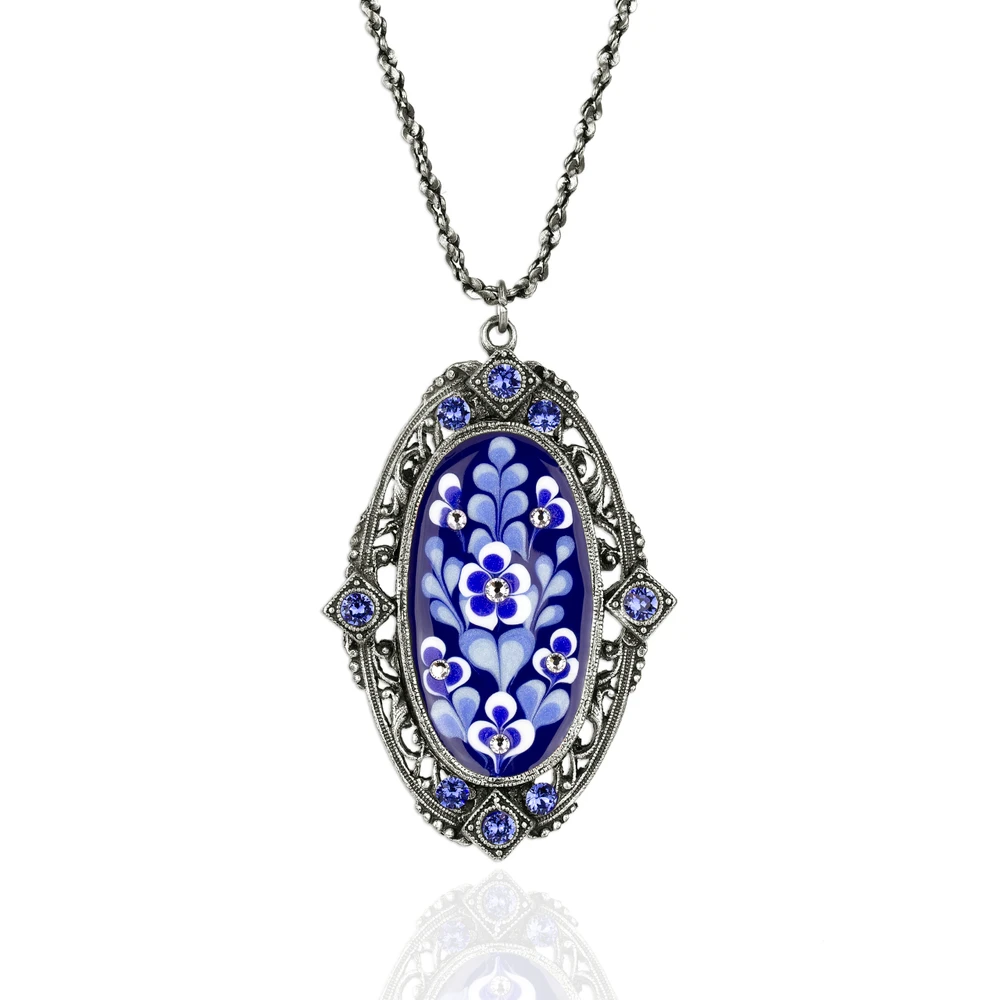 Blue & White Oval Flower Pendant Necklace with Crystals by Anne Koplik | The Shops at Colonial Williamsburg
